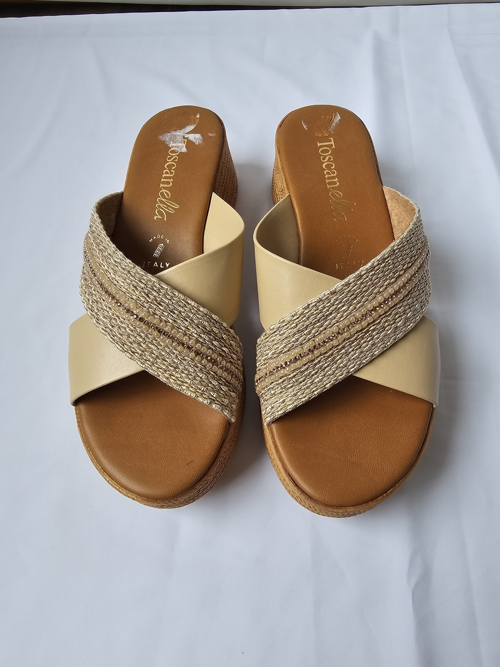 Toscanella Italy Neutral Metallic Wedge Platform Sandals - Size 7 - Picture 6 of 16